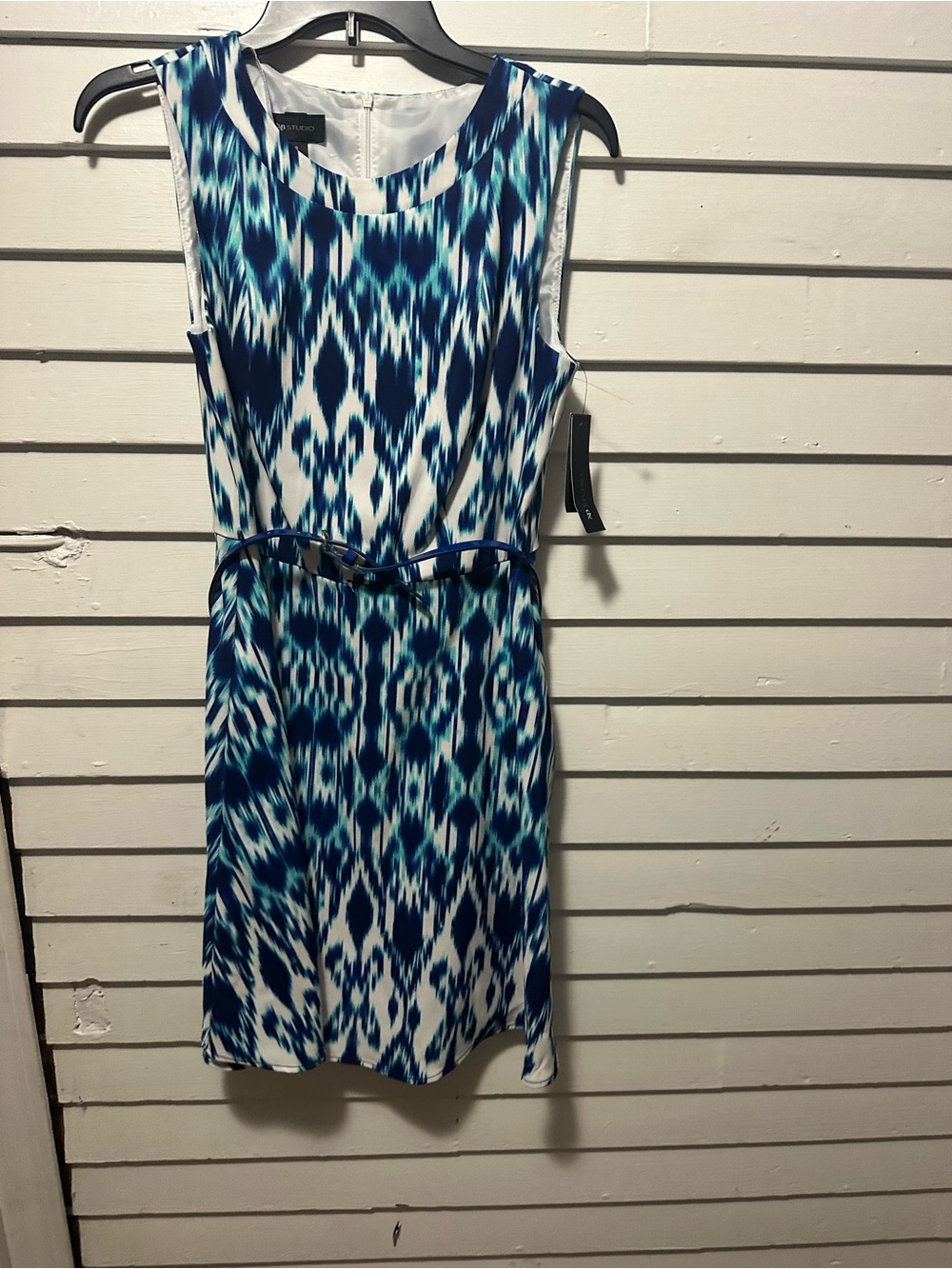 AB Studio Blue & White Ikat Belted Sheath Dress